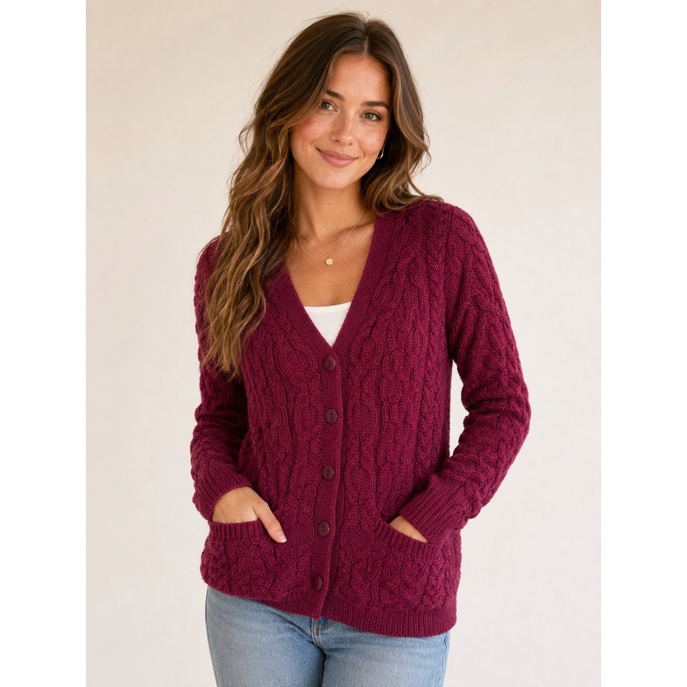 Arancrafts Ireland Burgundy 100% Merino Wool Cable Knit V-Neck Cardigan XXS